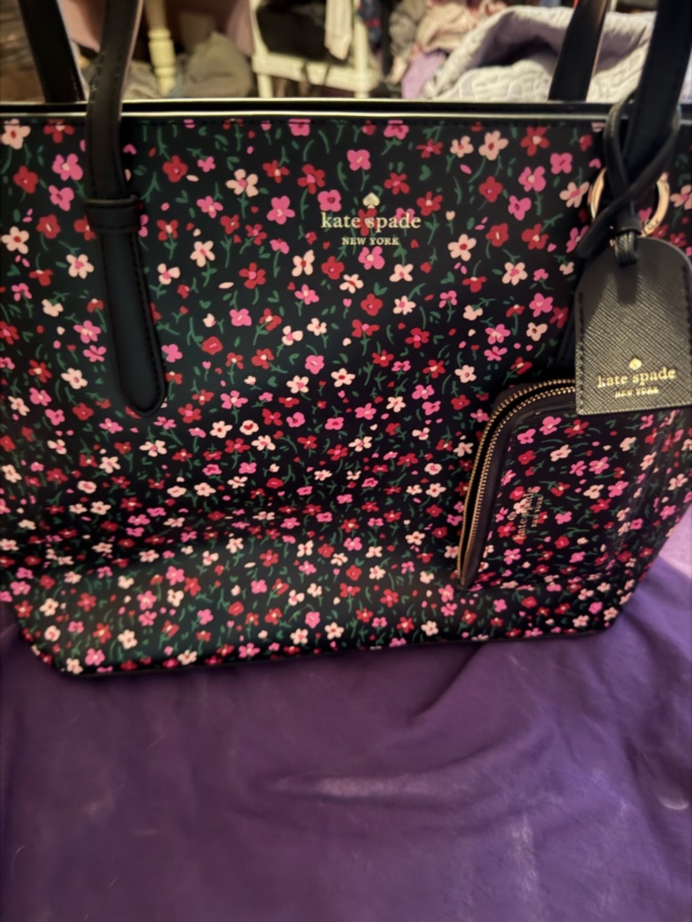 kate spade Black Floral Tote with Pink Accent Pouch - Picture 4 of 5
